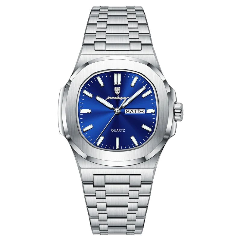 Relógio Masculino POEDAGAR Signature em Aço Inoxidável, Quartzo, Impermeável e Display Luminoso Silver