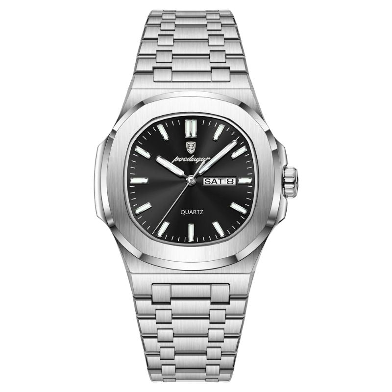Relógio Masculino POEDAGAR Signature em Aço Inoxidável, Quartzo, Impermeável e Display Luminoso Silver