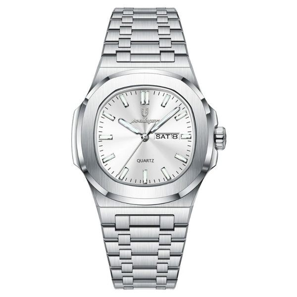Relógio Masculino POEDAGAR Signature em Aço Inoxidável, Quartzo, Impermeável e Display Luminoso Silver