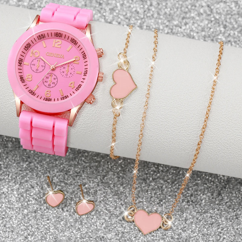 Kit Presente Feminino Fashion Virton Rosa (Relógio+Pulseira+Corrente+Brincos)