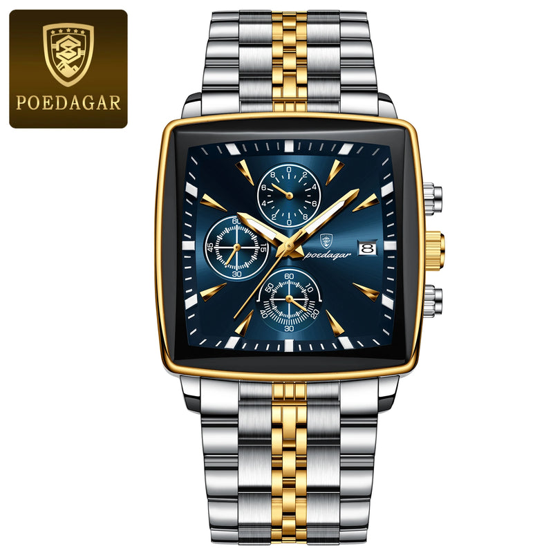 Relógio Masculino Poedegar Eximius Display Quadrado de Luxo em Aço inoxidável Gold