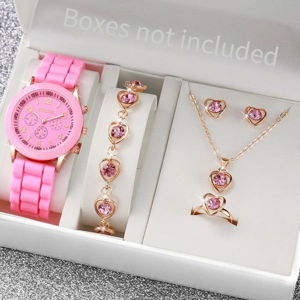 Kit Presente Feminino Fashion Virton Rosa (Relógio+Pulseira+Corrente+Brincos)