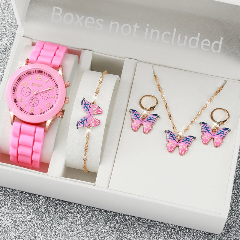 Kit Presente Feminino Fashion Virton Rosa (Relógio+Pulseira+Corrente+Brincos)