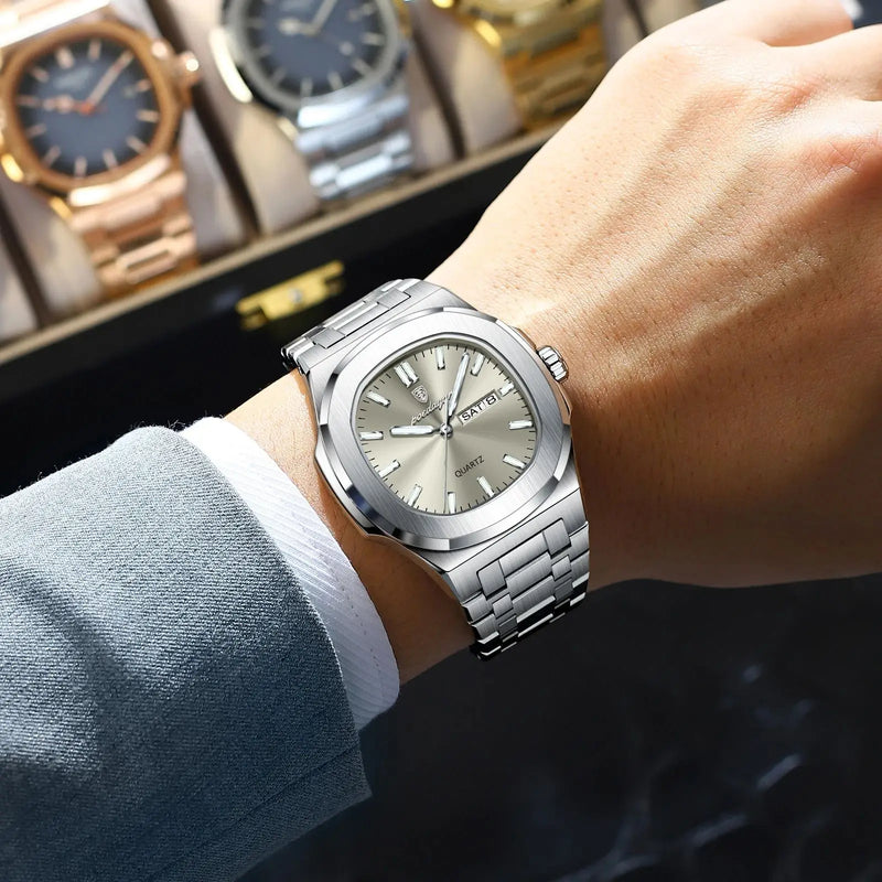Relógio Masculino POEDAGAR Signature em Aço Inoxidável, Quartzo, Impermeável e Display Luminoso Silver