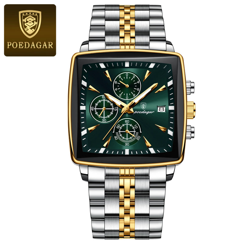 Relógio Masculino Poedegar Eximius Display Quadrado de Luxo em Aço inoxidável Gold