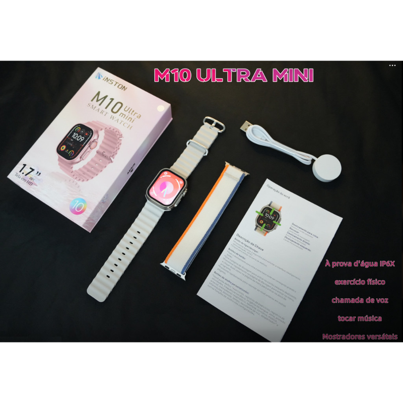 Smartwatch M10 Ultra Mini com 2 Pulseiras | Notificações, Música, Chat GPT, IP67